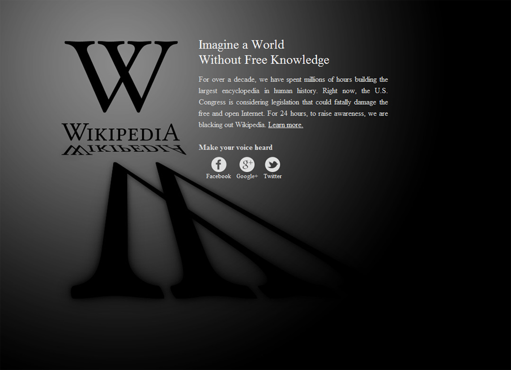 Página de Wikipedia en Inglés en protesta por la posible aprobación de la Ley SOPA que implicaría la censura de Internet