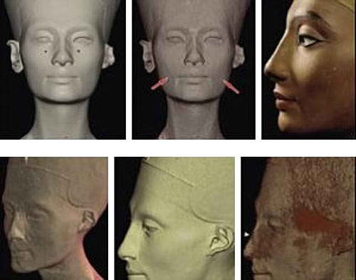Una tomograf�a computerizada ha revelado el verdadero rostro de la reina Nefertiti: ten�a arrugas en la comisura de los labios y en las mejillas, p�mulos menos prominentes y una nariz imperfecta.