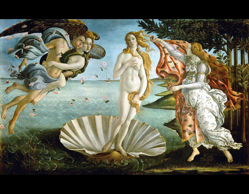 Nacimiento de Venus. La pintura de Sandro Botticelli en s� misma guarda simetr�a en cuanto a composici�n. Particularmente, el famoso rostro de Venus guarda tambi�n una clara simetr�a en los rasgos. 