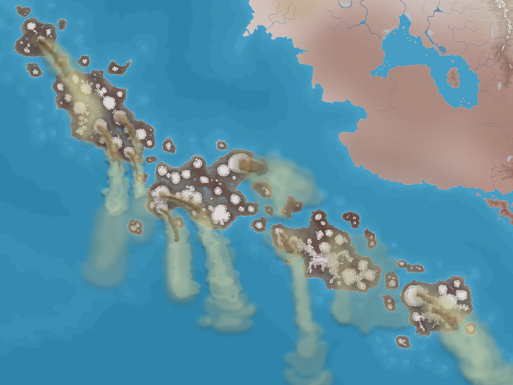 Mapa de los Montes Vulcania, regi�n de islas compuestas por enormes volcanes escudo, algunos poseen m�s de 30 kil�metros de altura y emiten grandes cantidades de ceniza, di�xido de carbono y di�xido de sulfuro. El enorme peso de estos volcanes los est�n aplastando a s� mismos ensanchando las islas, creando grietas donde se forman nuevos edificios volc�nicos y formando un nuevo continente: Vulcania.