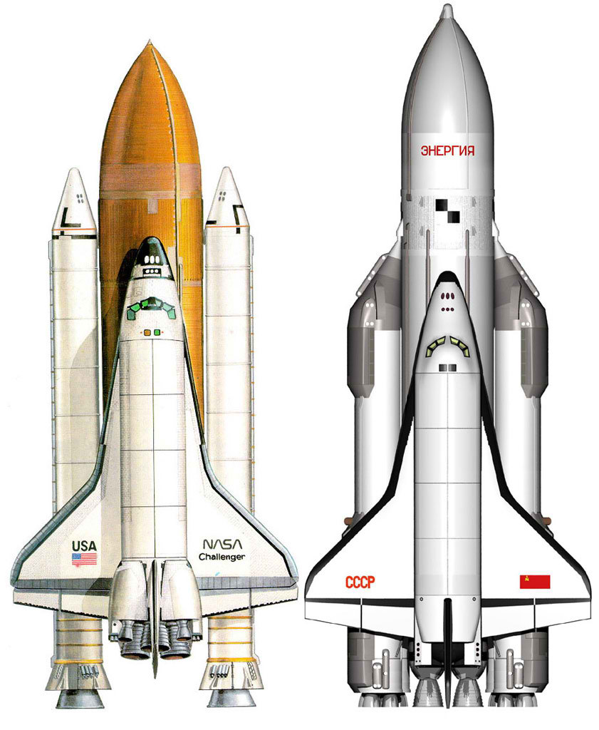 Comparaci�n gr�fica a escala del programa de transbordadores americano (izquierda) y el programa sovi�tico Energia-Buran sovi�tico