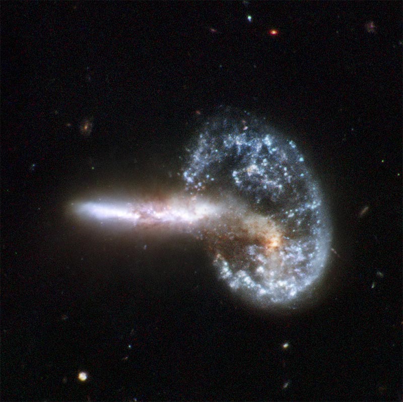 Colisi�n gal�ctica en proceso, imagen Arp 148, corresponde a la constelaci�n de la Osa Mayor. Foto: NASA, ESA, the Hubble Heritage (STScI/AURA)-ESA/Hubble Collaboration, and A. Evans 