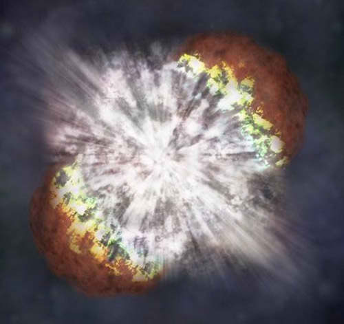 Representaci�n de un estallido supernova, cient�ficos creen que algunos de estos estallidos son la conversi�n de una estrella neutr�nica a una estrella de quarks. Ilustraci�n: M. Weiss