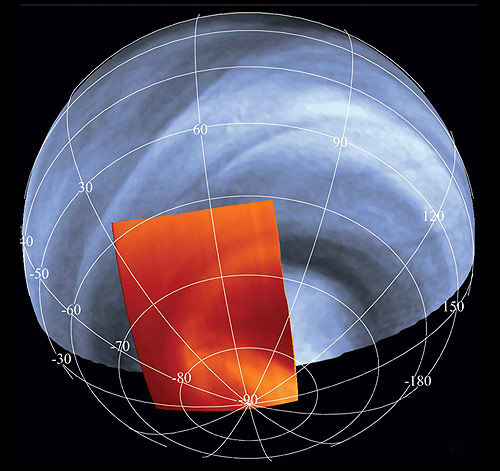 Hemisferio sur de Venus mostrando el ojo de un hurac�n o v�rtice polar dentro de una toma en infrarojos (rojo), las secciones m�s brillantes son nubes a gran altura y a mayor temperatura. La atm�sfera rota en el sentido contrario a las manecillas del reloj. Imagen: ESA, VIRTIS, INAF-IASF / Observatorio de Paris-LESIA