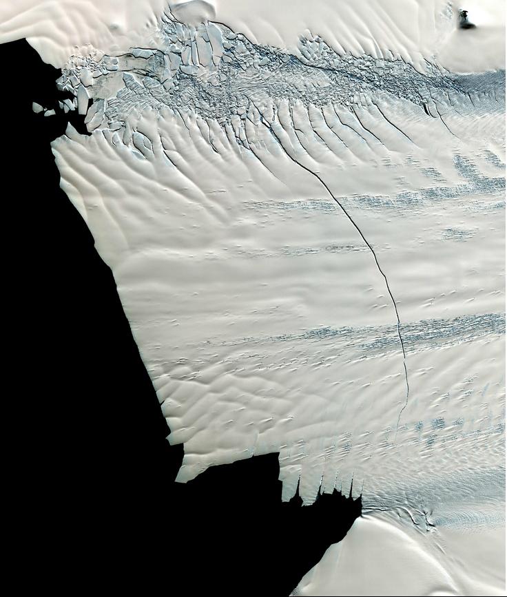 Glaciar Pine Island en la Ant�rtida, tomada por el instrumento Advanced Spaceborne Thermal Emission and Reflection Radiometer (ASTER). Imagen: NASA/GSFC/METI/ERSDAC/JAROS, y el equipo cient�fico ASTER U.S./Jap�n.