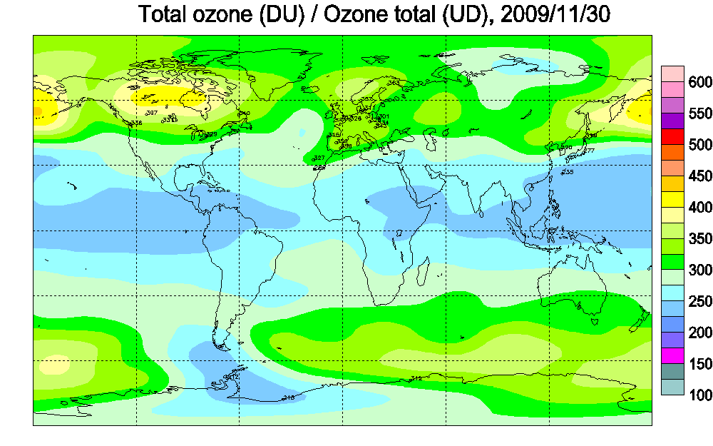 Mapa mundial de la distribuci�n del ozono medido en unidades Dobson (DU) para diciembre del 2009