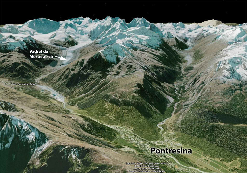 Imagen que presenta los valles glaciares dejados por la �ltima era glacial, ahora f�rtiles y habitables, en primer plano Pontresina un municipio asentado sobre un valles glaciar, al fondo el glaciar Vadret da Morteratsch.