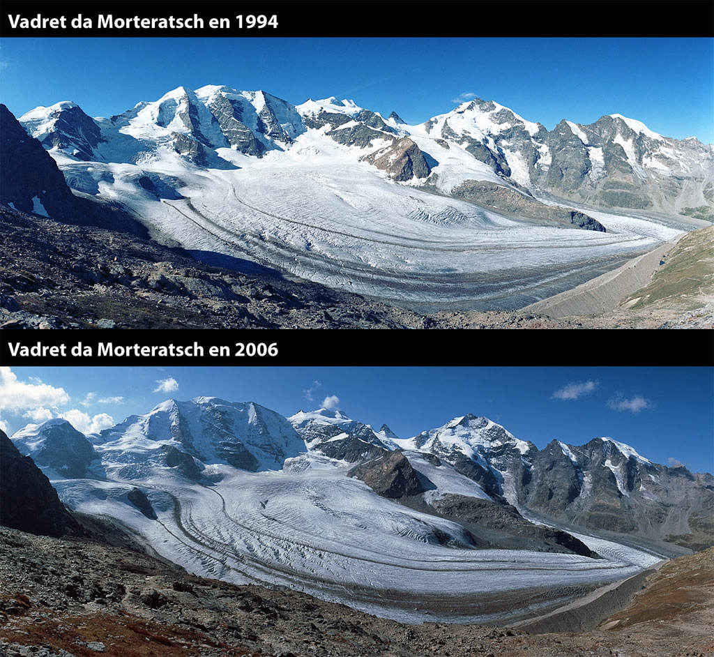 Imagen que muestra el glaciar de Vadret da Morteratsch como se observ� en 19994 y el 2006, los cambios son insignificantes no mayores a lo esperado en las variaciones naturales del clima