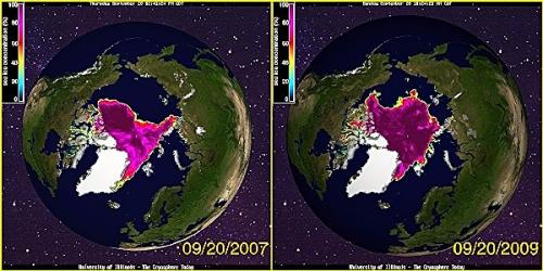 Comparativa en la extensi�n del hielo en 2007 y 2009
