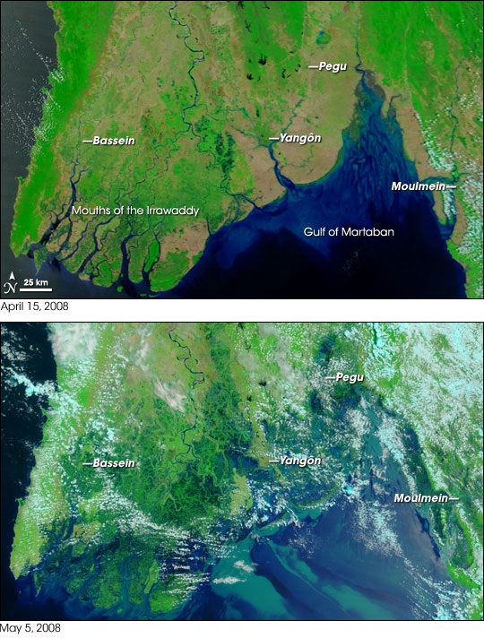 Desastre causado por el cicl�n Nargis en Myanmar visto por un sat�lite de la NASA.