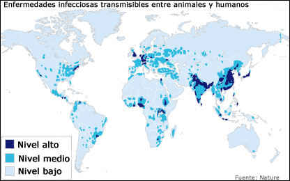 Este mapa muestra los niveles de riesgo de enfermedades infecciosas emergentes transmitidas por animales salvajes. Los investigadores afirman que la mayor�a de estos lugares est�n localizados en pa�ses en desarrollo que se encuentran en latitudes bajas. Imagen: Nature
