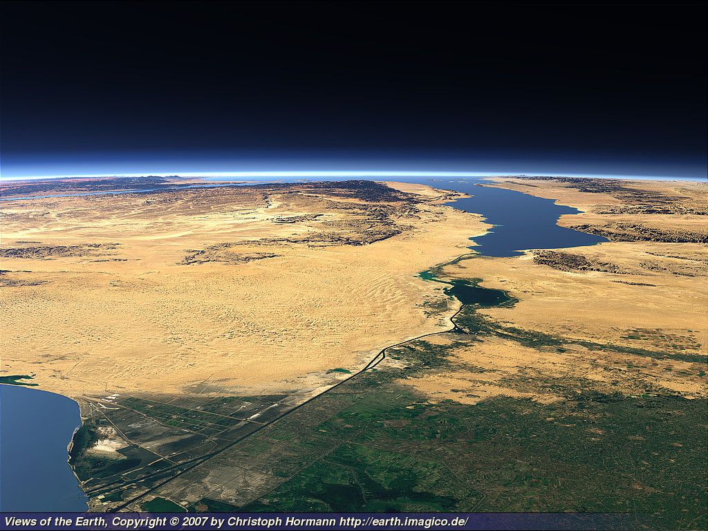 La pen�nsula del Sina�, Egipt. El canal de Suez es visible en primer plano con parte del delta del Nilo. Foto: Christoph Hormann, http://earth.imagico.de/