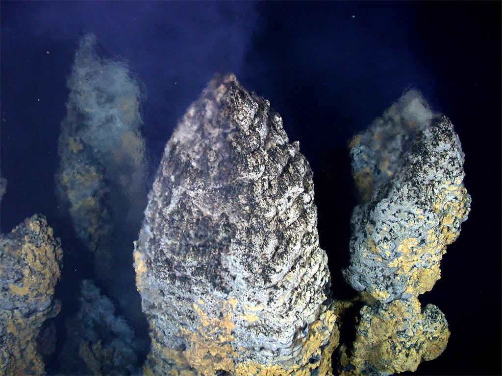 Chimenea submarina llamada complejo 5 Towers, se levanta 11 metros sobre el fondo marino, estas formaciones expelen muchos minerales disueltos en el mar. Foto: Submarine Ring of Fire 2006 Exploration, NOAA Vents Program