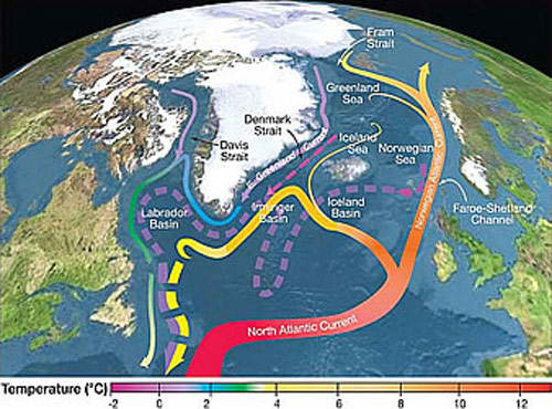 Circulaci�n de corrientes de superficie (l�neas s�lidas) y corrientes profundas (l�neas punteadas) del Atl�ntico norte, los colores indican temperaturas aproximadas.