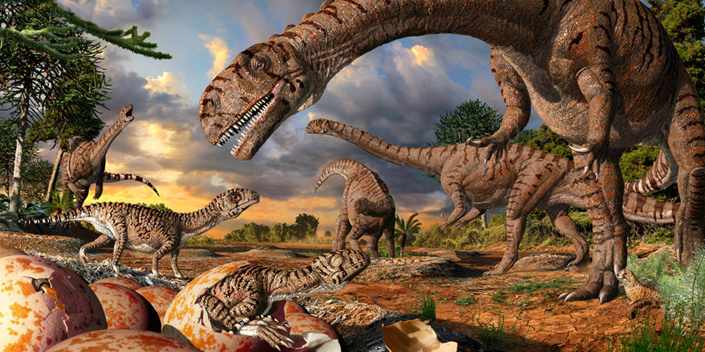 Representaci�n del nacimiento en un nido del prosauropodo Massospondylus carinatus, ejemplo m�s antiguo de anidamiento de dinosaurios del Jur�sico temprano de Sud�frica