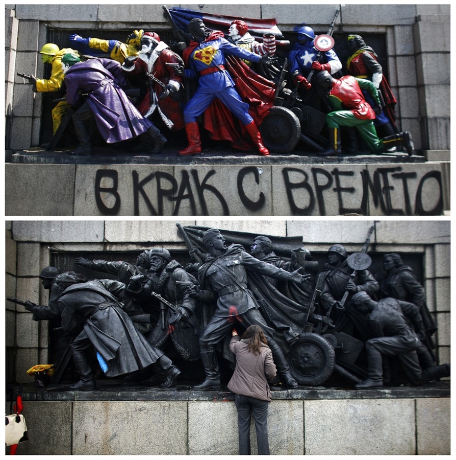 Monumento sovi�tico en Bulgaria es convertido en celebraci�n de los superh�roes de comics americanos.