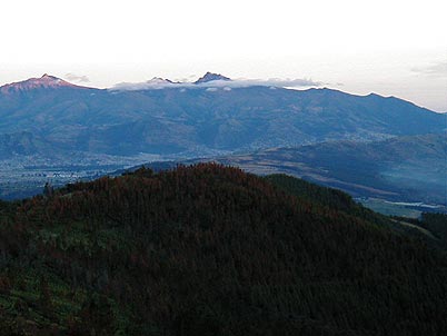 Estas monta�as azules son el Guagua Pichincha al borde izquierdo de la imagen y el Rucu Pichincha al centro de la misma. En primer plano las laderas arboladas del Pasochoa. Es posible tambi�n divisar el lado sur y centro de Quito
