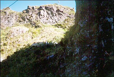 Vista de grandes formaciones de lava solidificada de erupciones anteriores. Grandes flujos de lava que represaron r�os y cambiaron el paisaje son visibles desde la carretera.
