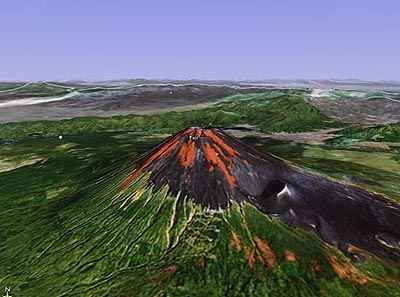 Visi�n en tres dimensiones del Monte Fuji logrado con tomas satelitales.